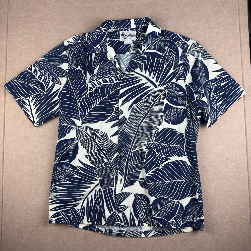 Vintage Howie Hawaiian Shirt Men S Blue White Leaf Print Aloha Made In Hawaii
